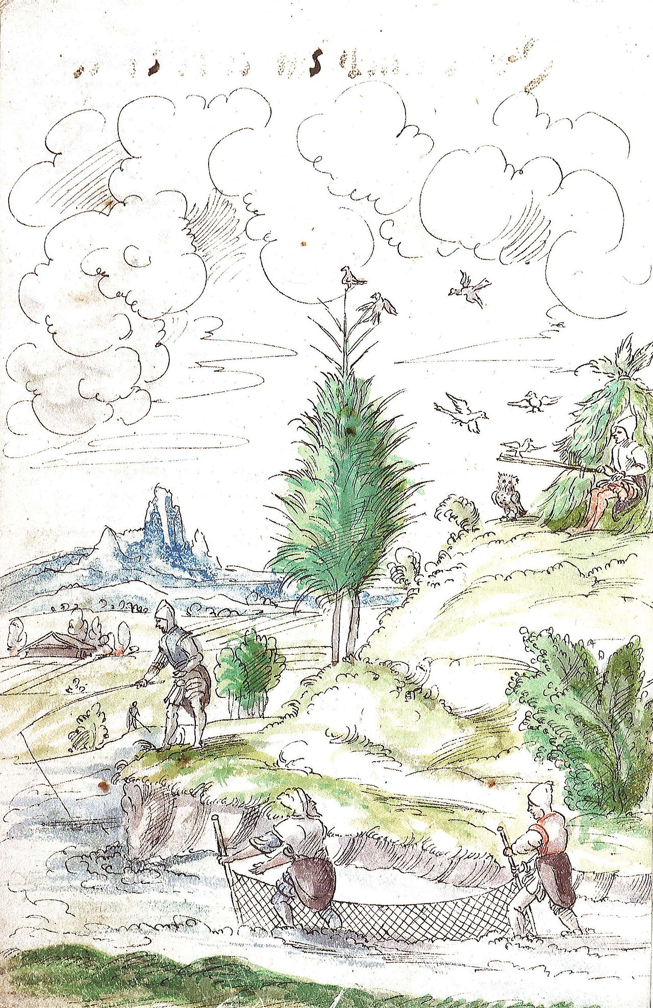 Kolorierte Zeichnung aus dem Schwazer Bergbuch (1556): Bergleute in einer Tiroler Berglandschaft