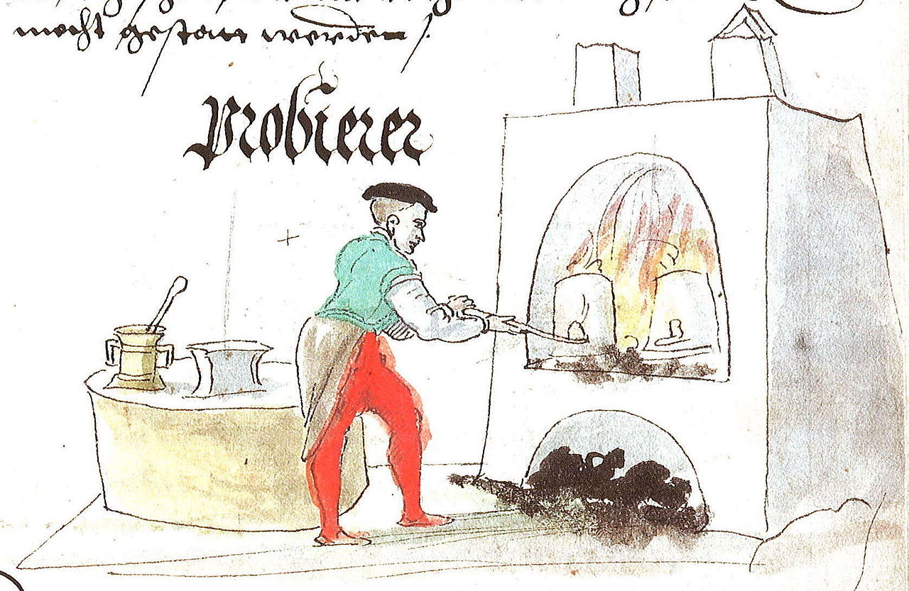 Zeichnung aus dem Schwazer Bergbuch (1556): ein Probierer an seinem Ofen