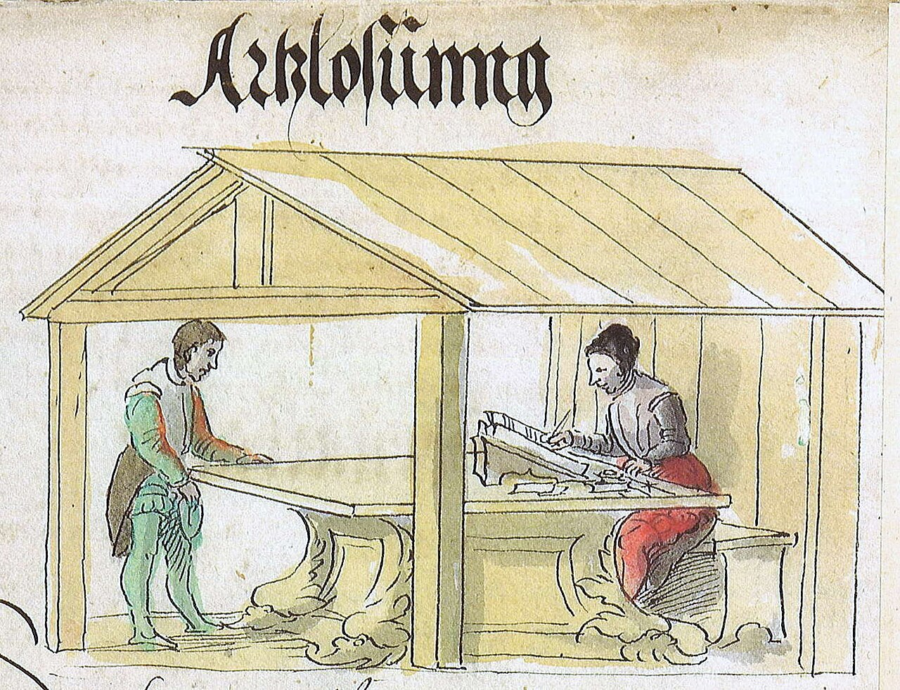 Zeichnung aus dem Schwazer Bergbuch (1556): zwei Männer waschen Erz unter einem Dach