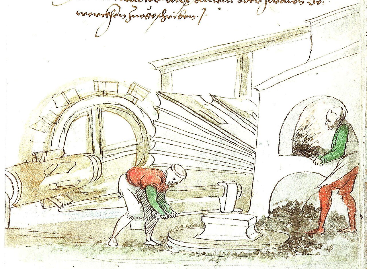 Zeichnung aus dem Schwazer Bergbuch (1556): Schmelzer an einem Ofen mit Blasebälgen